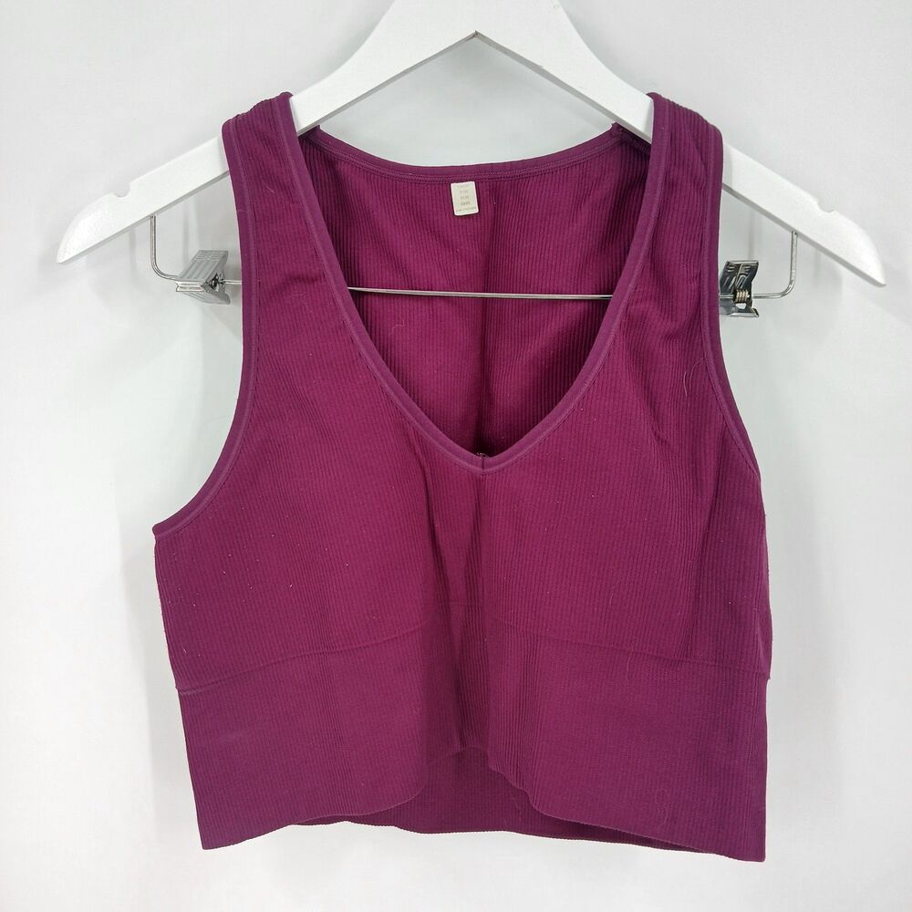 90 Degree by Reflex Womens Ribbed v Neck Crop Tank Top Magenta Purple Size L
